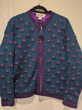 Vintage Stowe Woolens Handcrafted Wool Cardigan Sweater Zip Up Teal Blue L XL